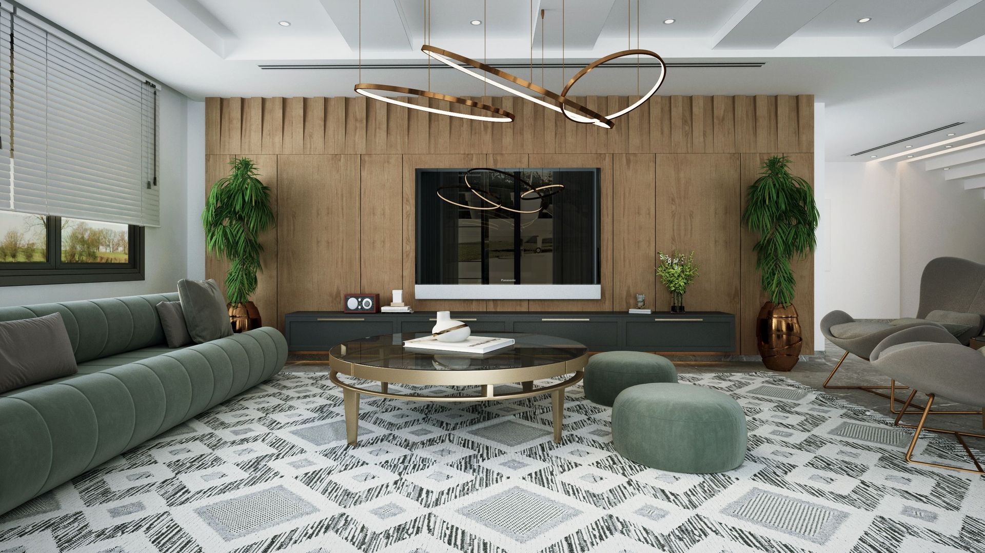 Modern villa living room interior with wood panelling