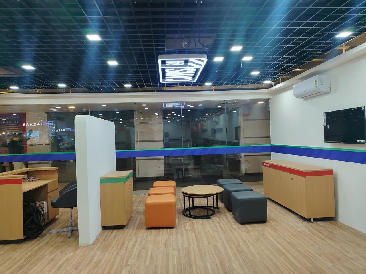 Open lounge and collaboration area with acoustic ceiling